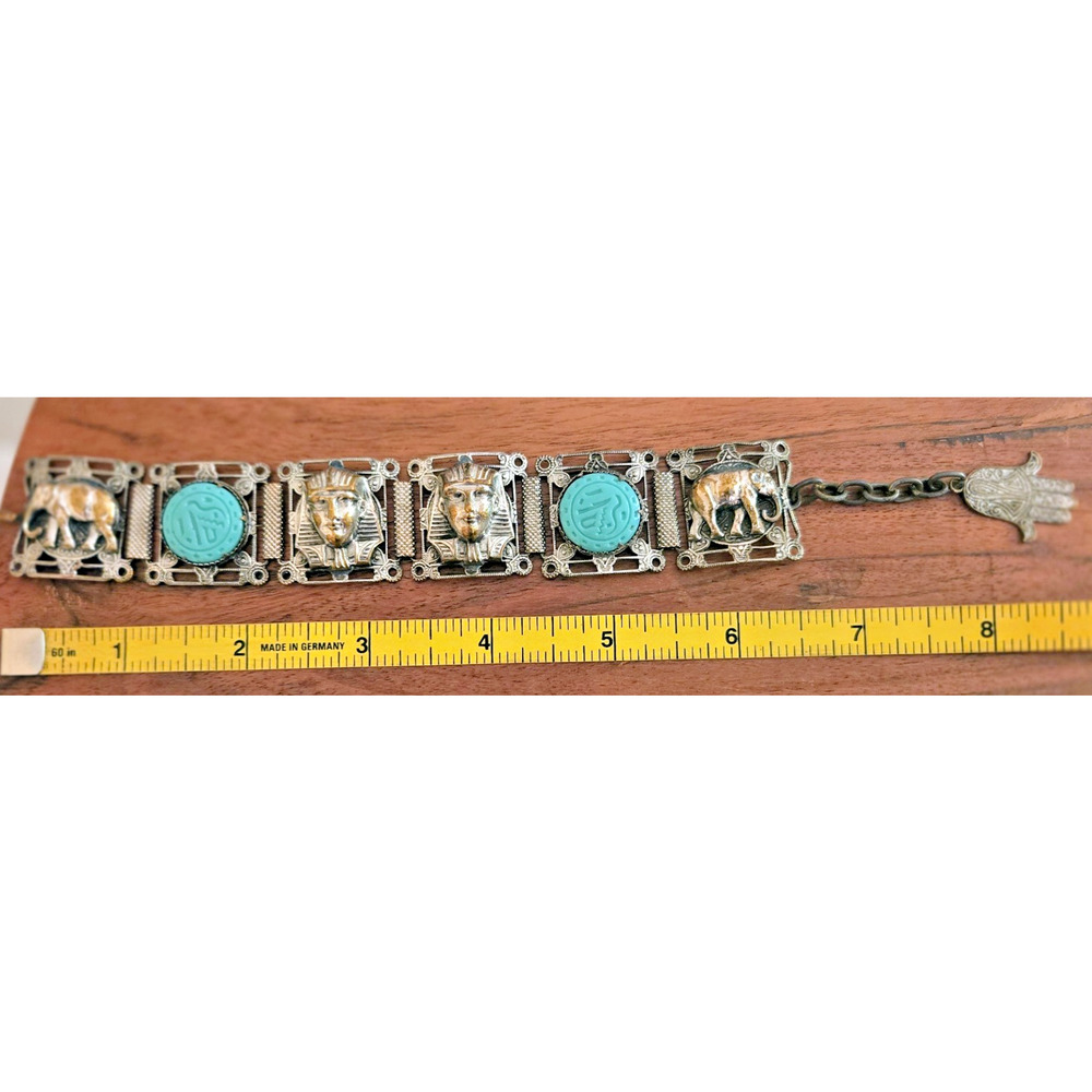 Vintage Egyptian Revival Panel Bracelet Silver Tone Scarabs Pharoah Elephants - Picture 7 of 13